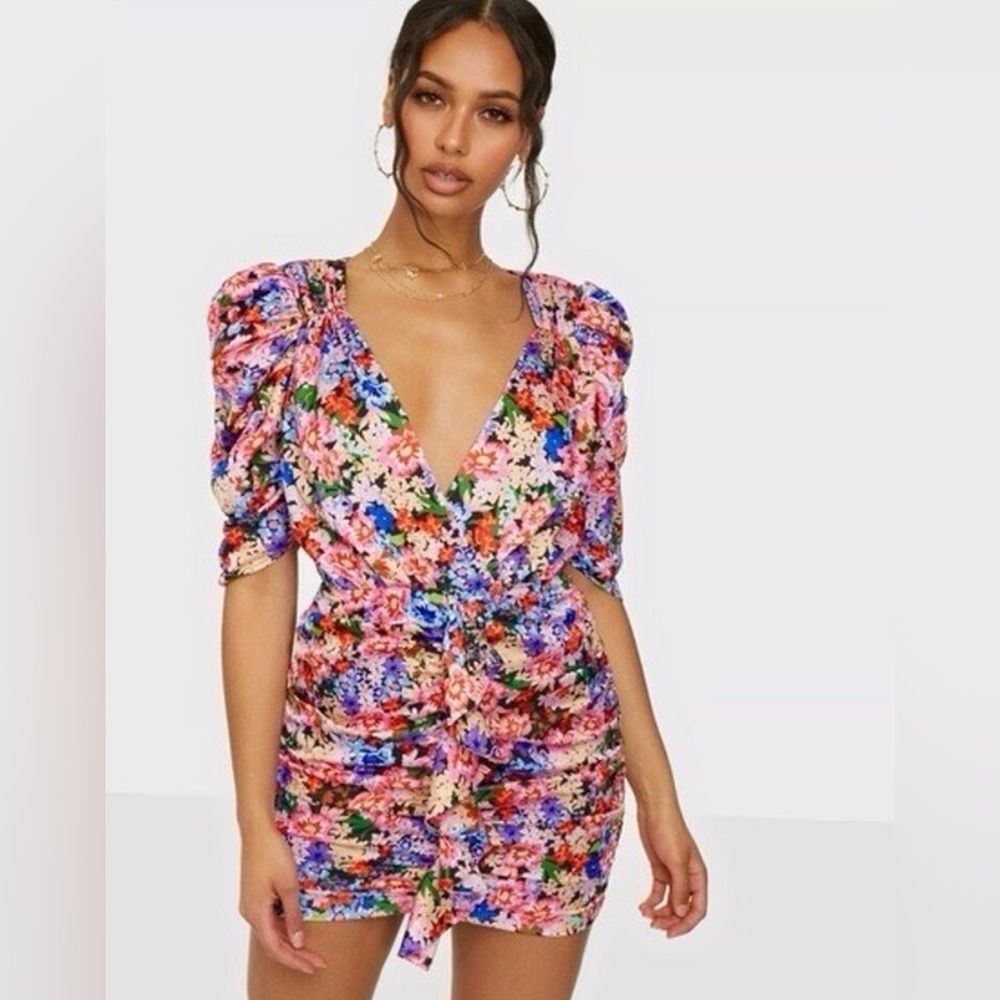 For Love & Lemons Bouquet Floral Puff-Sleeve Ruched Mini Dress